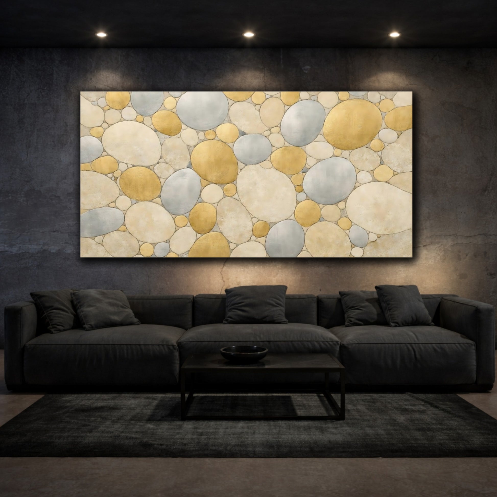 Mockup 2. Abstract Pebbles Gold Silver Pebbles shown as stretched canvas wall art