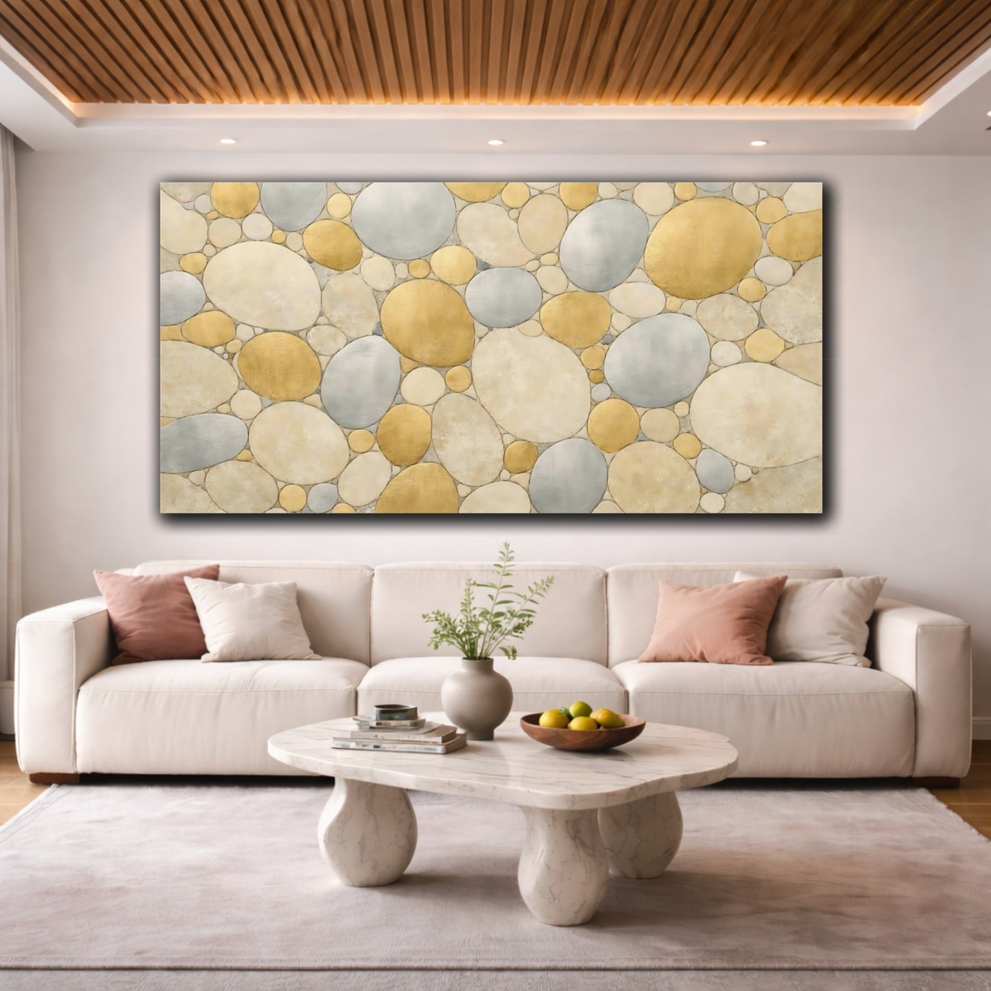 Mockup 3. Abstract Pebbles Gold Silver Pebbles shown as stretched canvas wall art