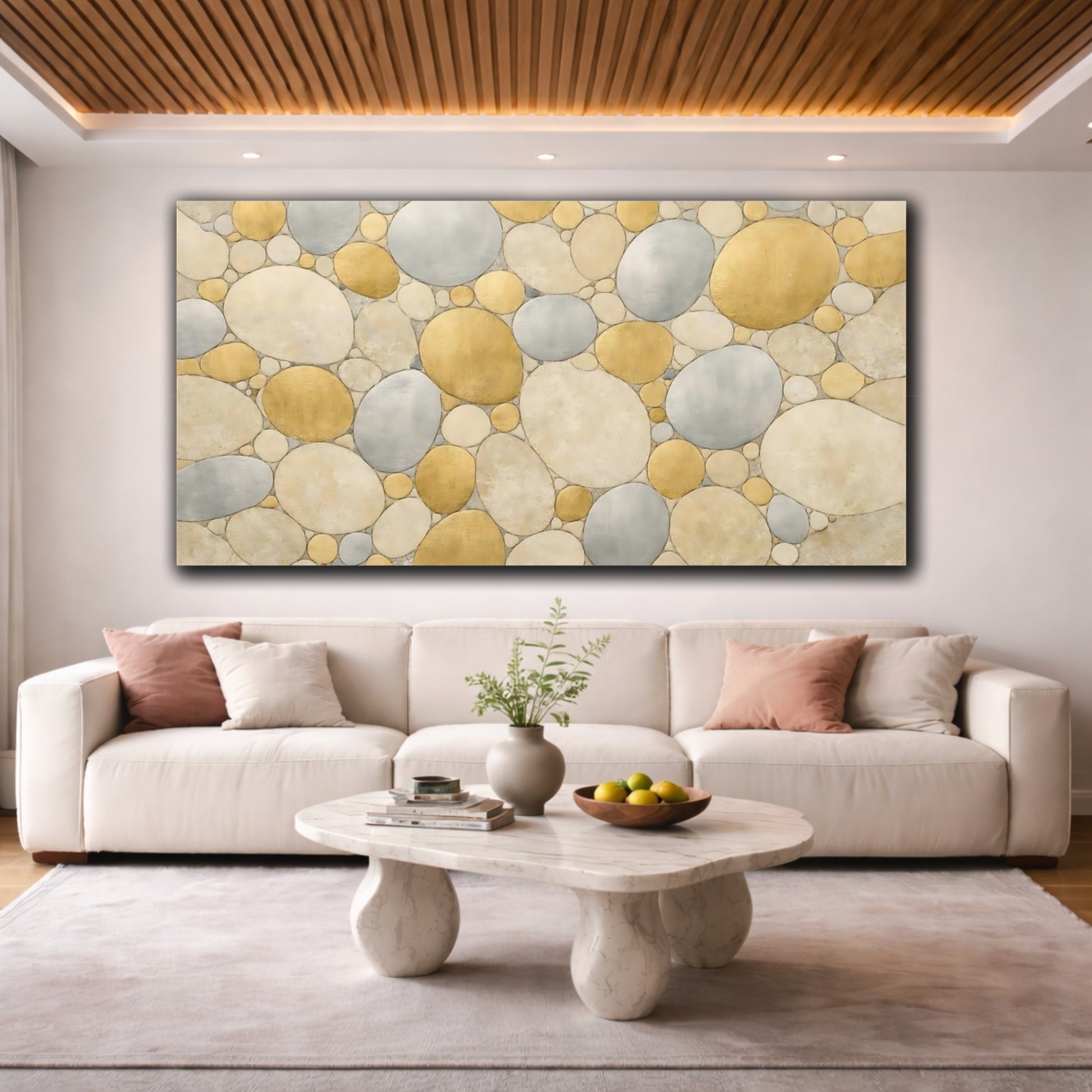 Mockup 3. Abstract Pebbles Gold Silver Pebbles shown as stretched canvas wall art
