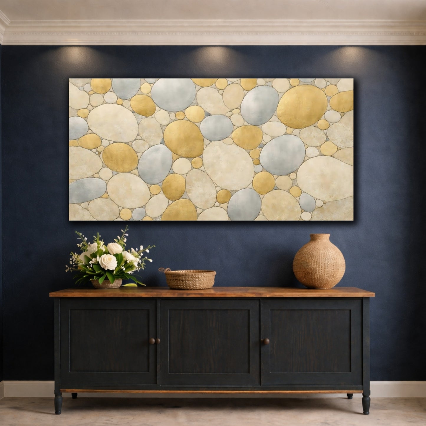 Mockup 4. Abstract Pebbles Gold Silver Pebbles shown as stretched canvas wall art
