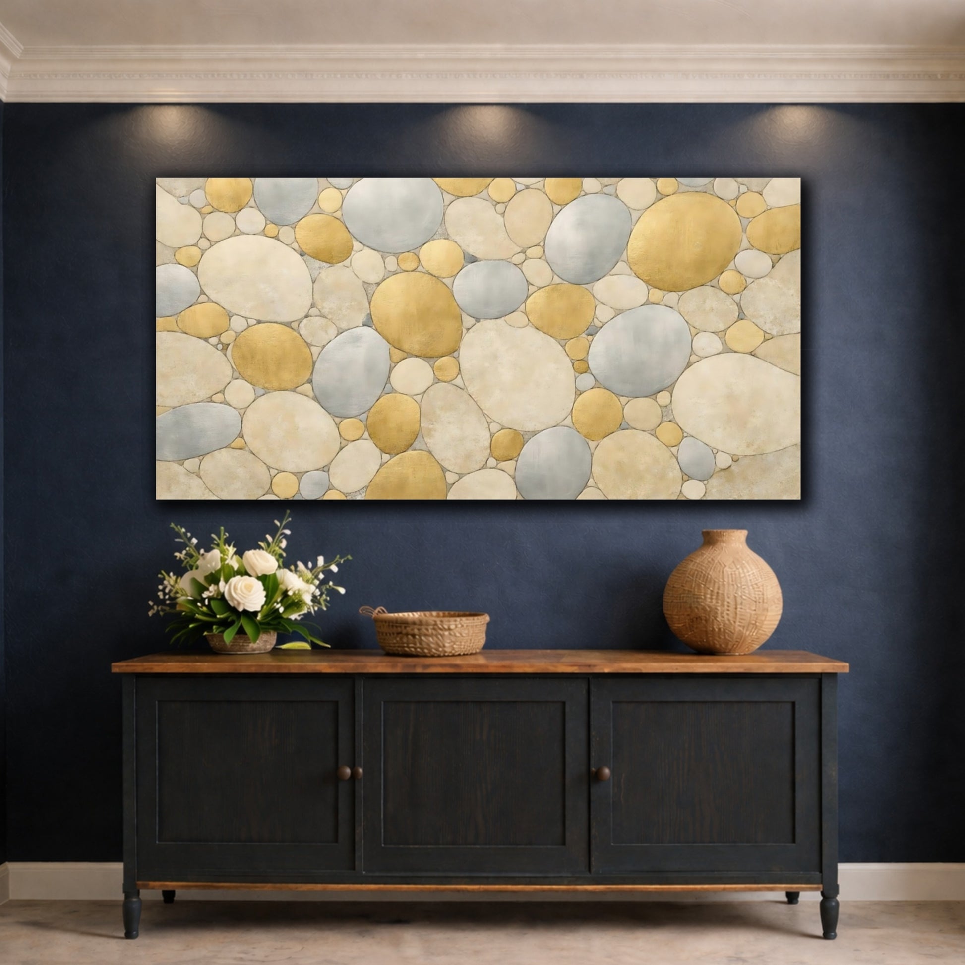 Mockup 4. Abstract Pebbles Gold Silver Pebbles shown as stretched canvas wall art