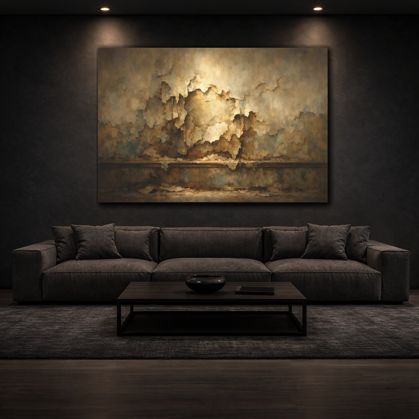 Mockup 2. Abstract Peeling Paint Brown And Gold shown as stretched canvas wall art