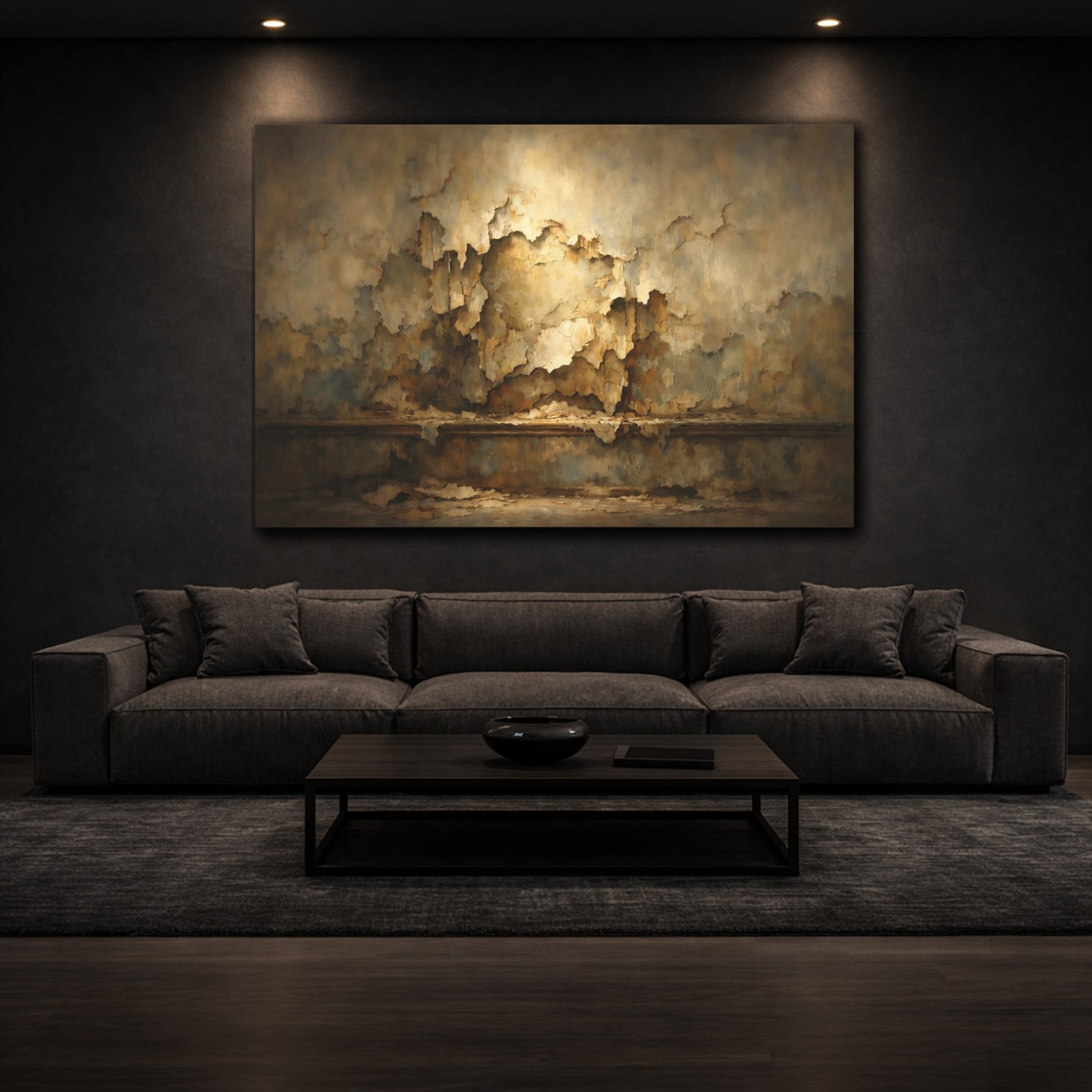 Mockup 2. Abstract Peeling Paint Brown And Gold shown as stretched canvas wall art