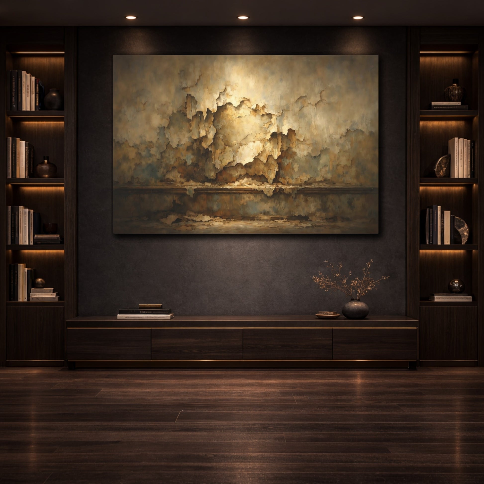 Mockup 3. Abstract Peeling Paint Brown And Gold shown as stretched canvas wall art