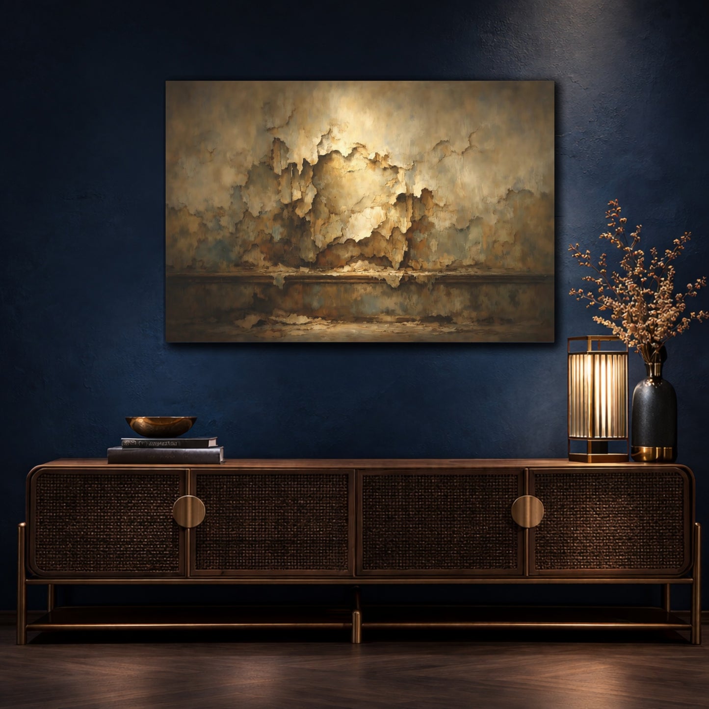Mockup 4. Abstract Peeling Paint Brown And Gold shown as stretched canvas wall art