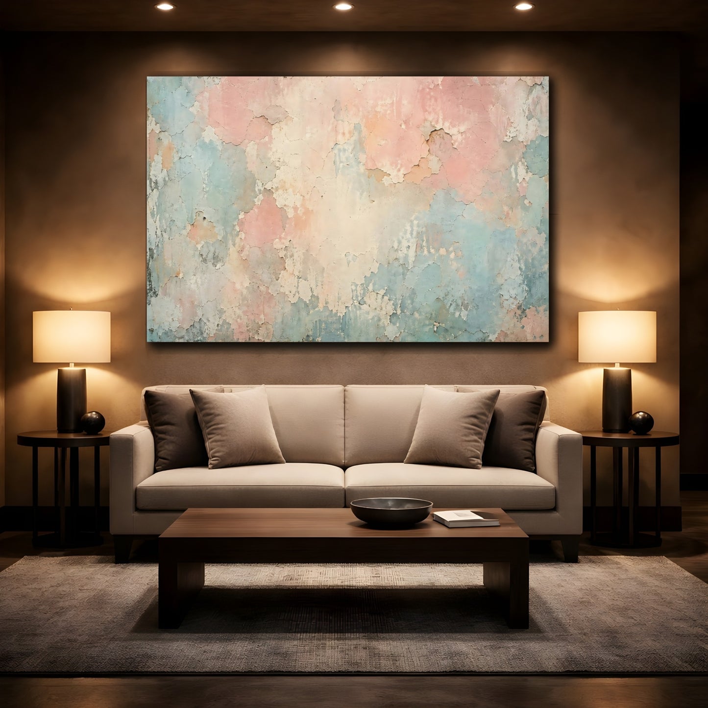 Mockup 2. Abstract Peeling Paint Pastel Wall Texture shown as stretched canvas wall art