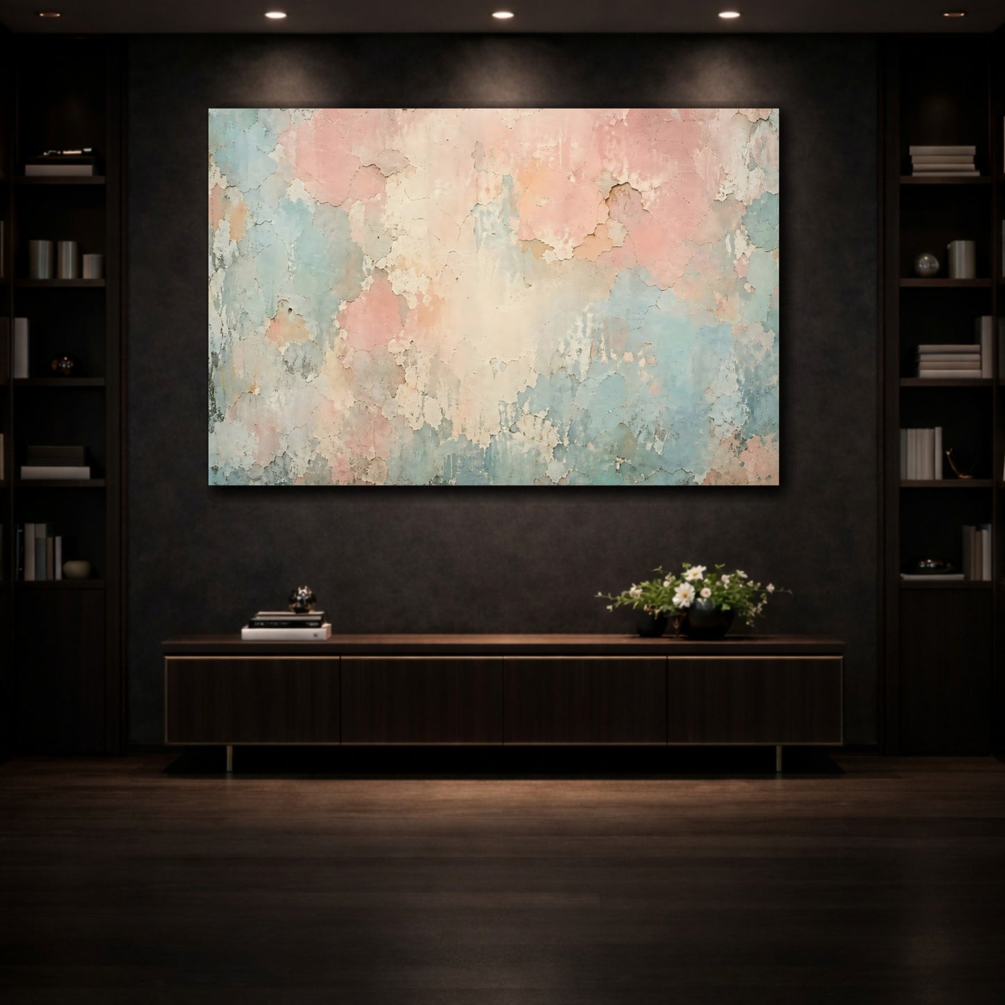 Mockup 3. Abstract Peeling Paint Pastel Wall Texture shown as stretched canvas wall art