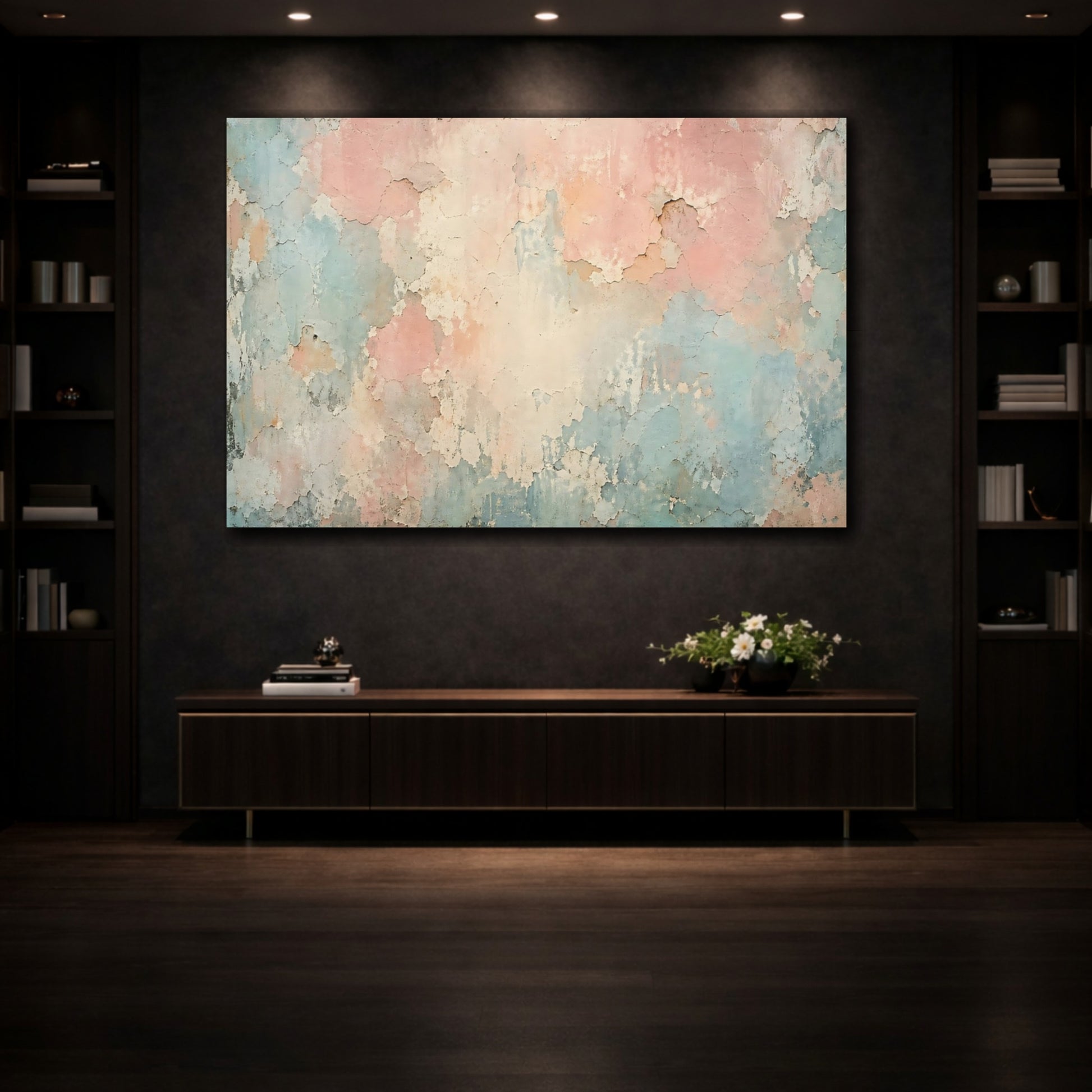 Mockup 3. Abstract Peeling Paint Pastel Wall Texture shown as stretched canvas wall art
