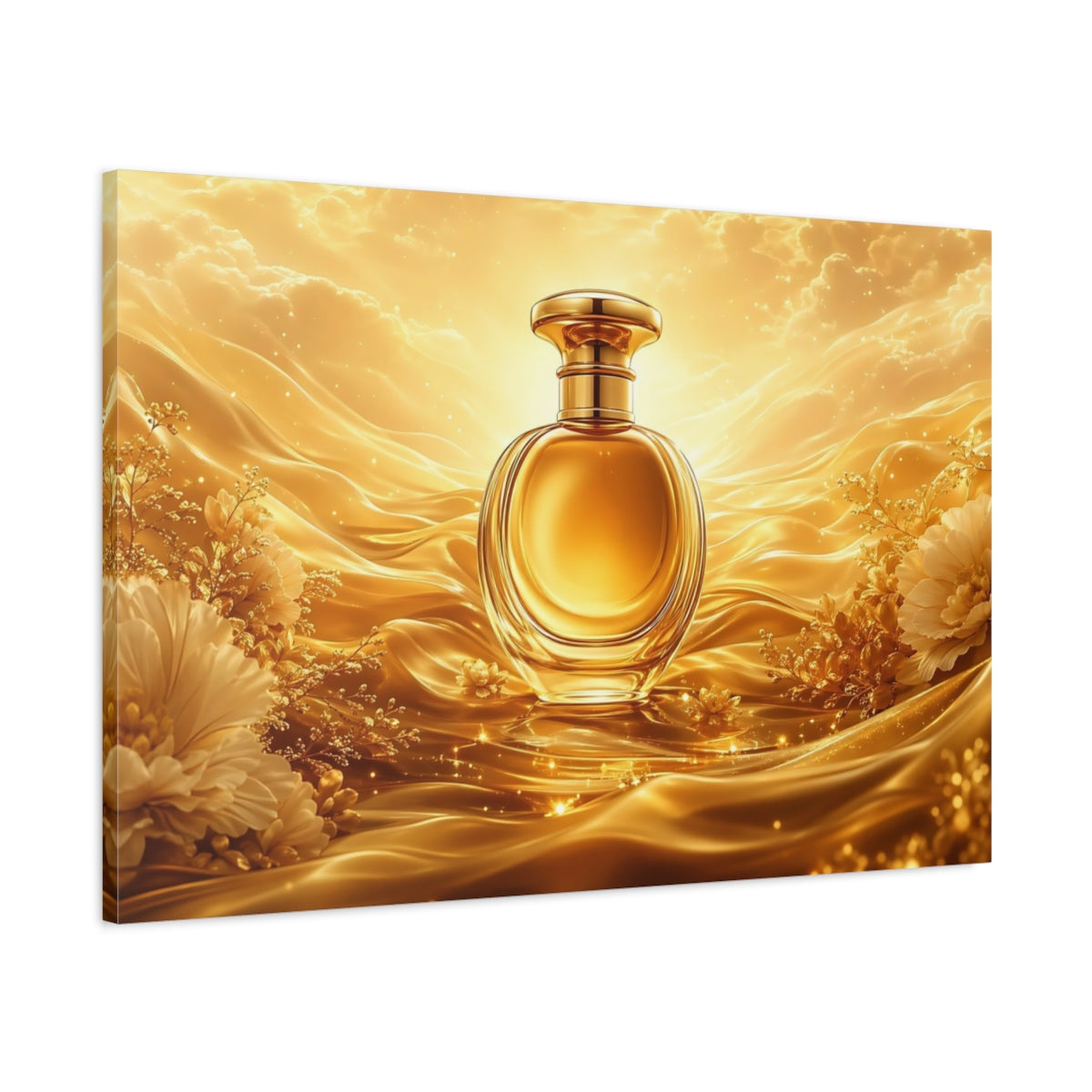 Main Mockup. Abstract Perfume Bottle Gold And White shown as stretched canvas wall art