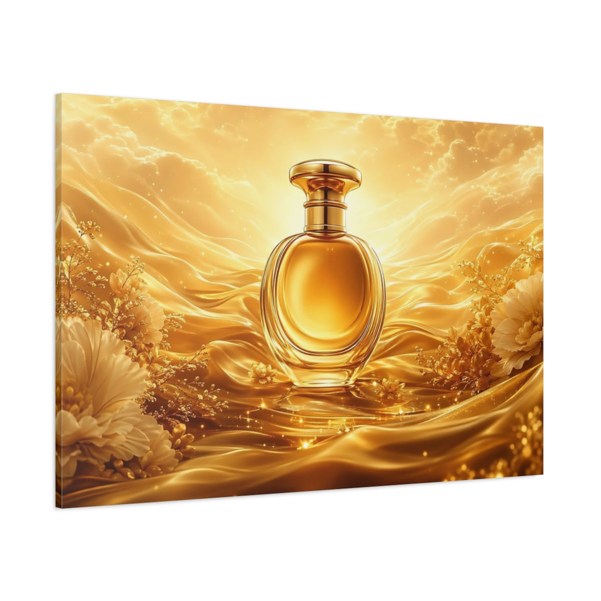 Side Mockup 1. Abstract Perfume Bottle Gold And White shown as stretched canvas wall art