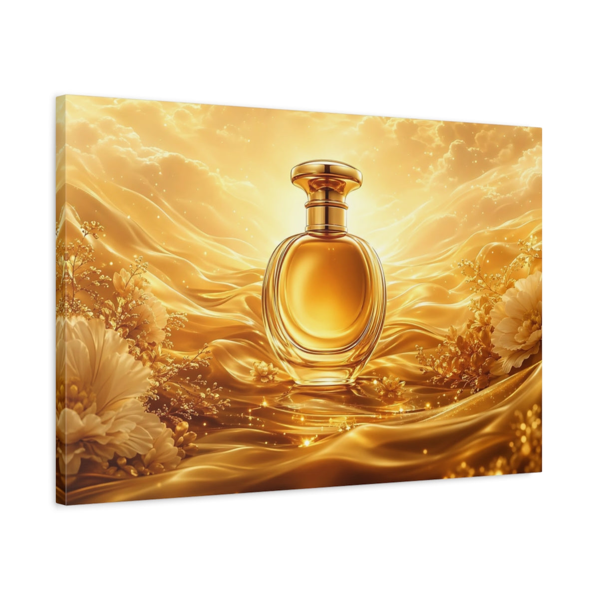 Side Mockup 2. Abstract Perfume Bottle Gold And White shown as stretched canvas wall art