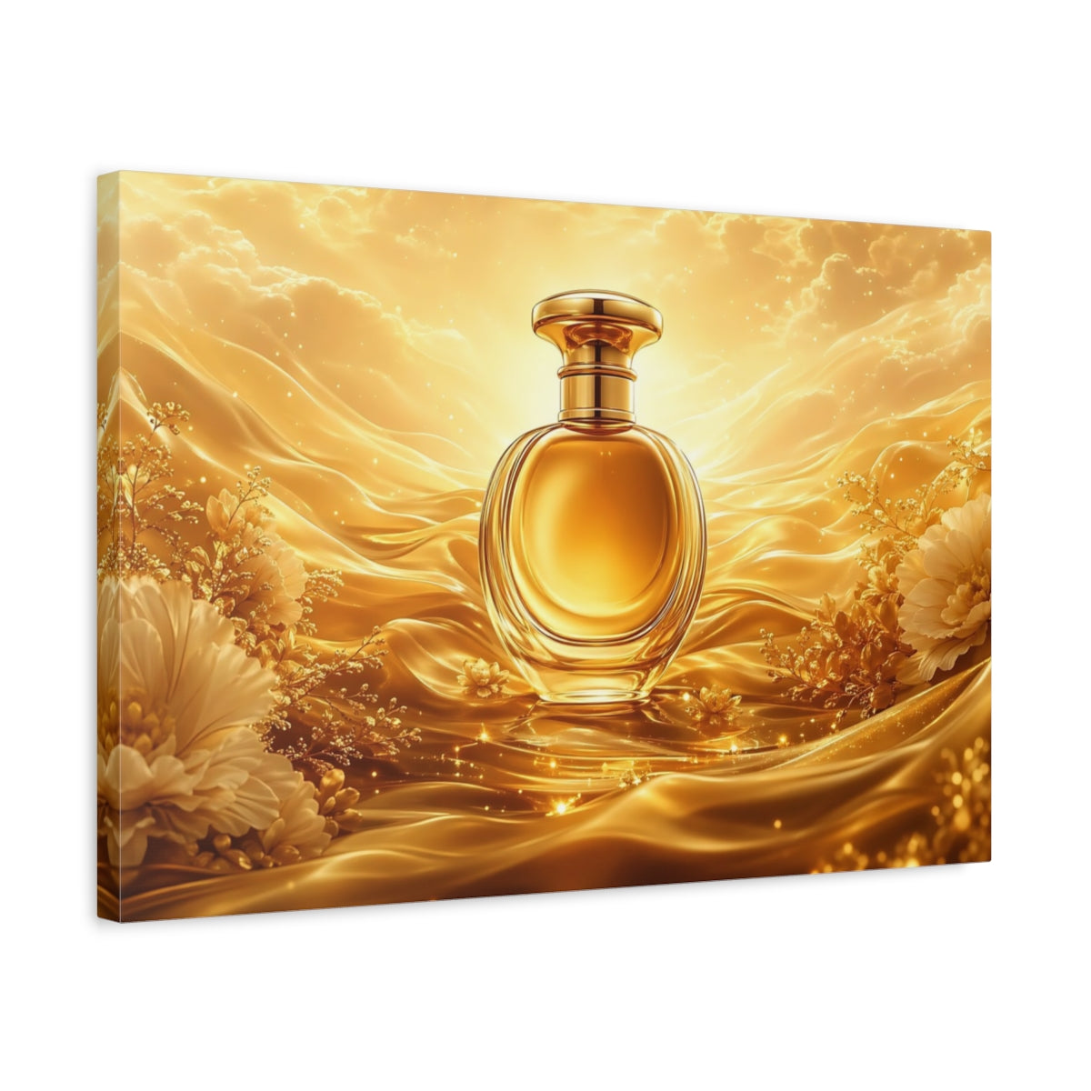 Side Mockup 3. Abstract Perfume Bottle Gold And White shown as stretched canvas wall art