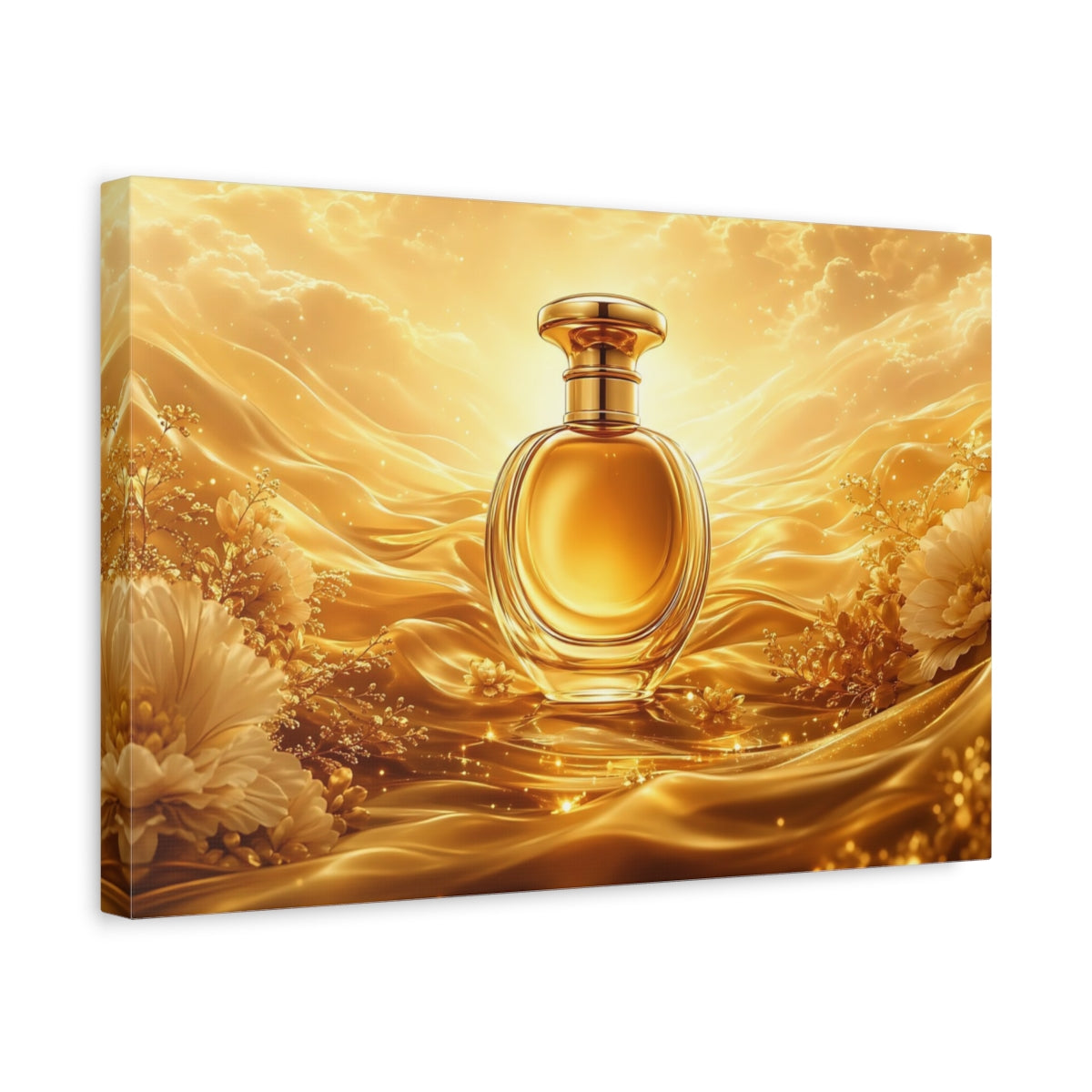 Side Mockup 4. Abstract Perfume Bottle Gold And White shown as stretched canvas wall art