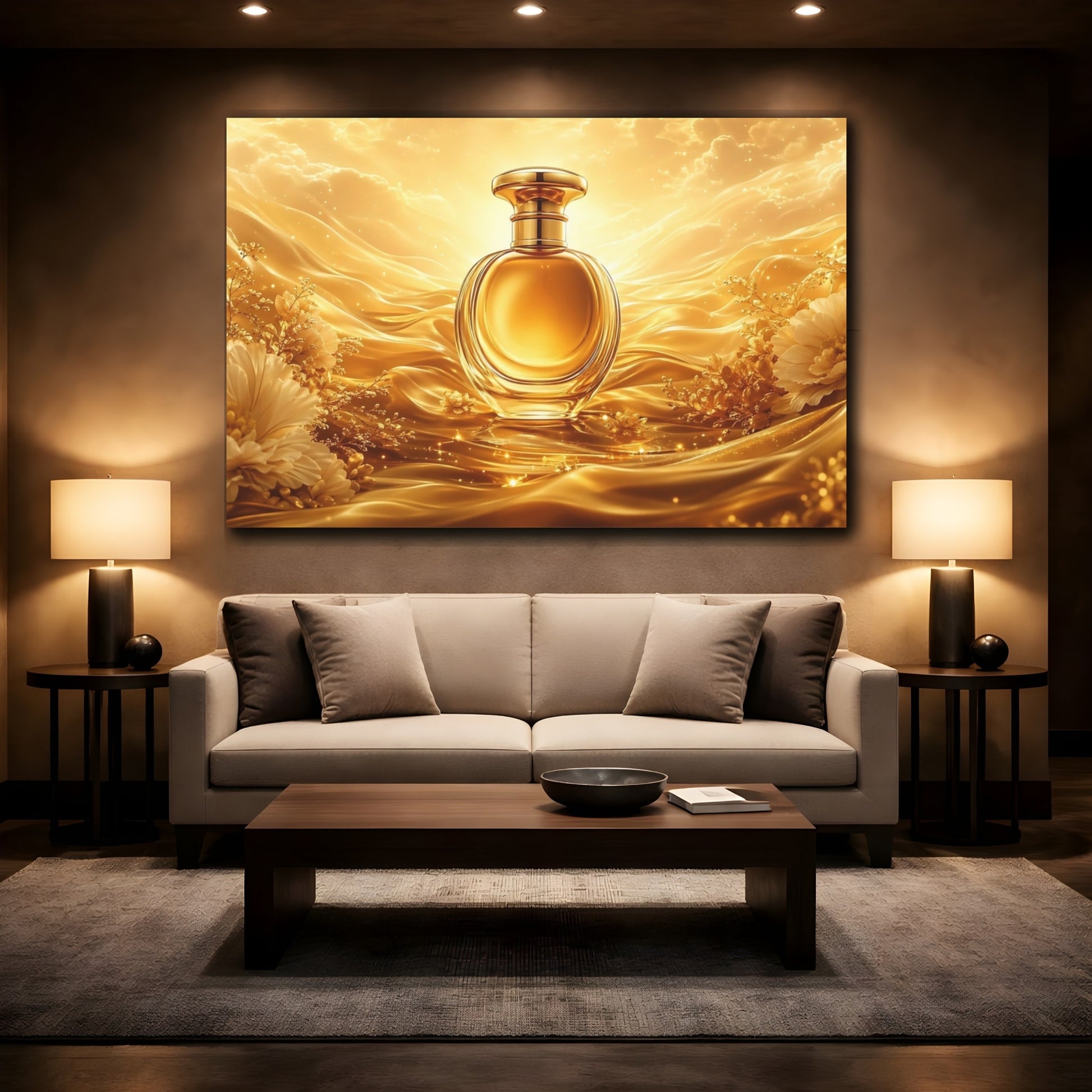 Mockup 2. Abstract Perfume Bottle Gold And White shown as stretched canvas wall art