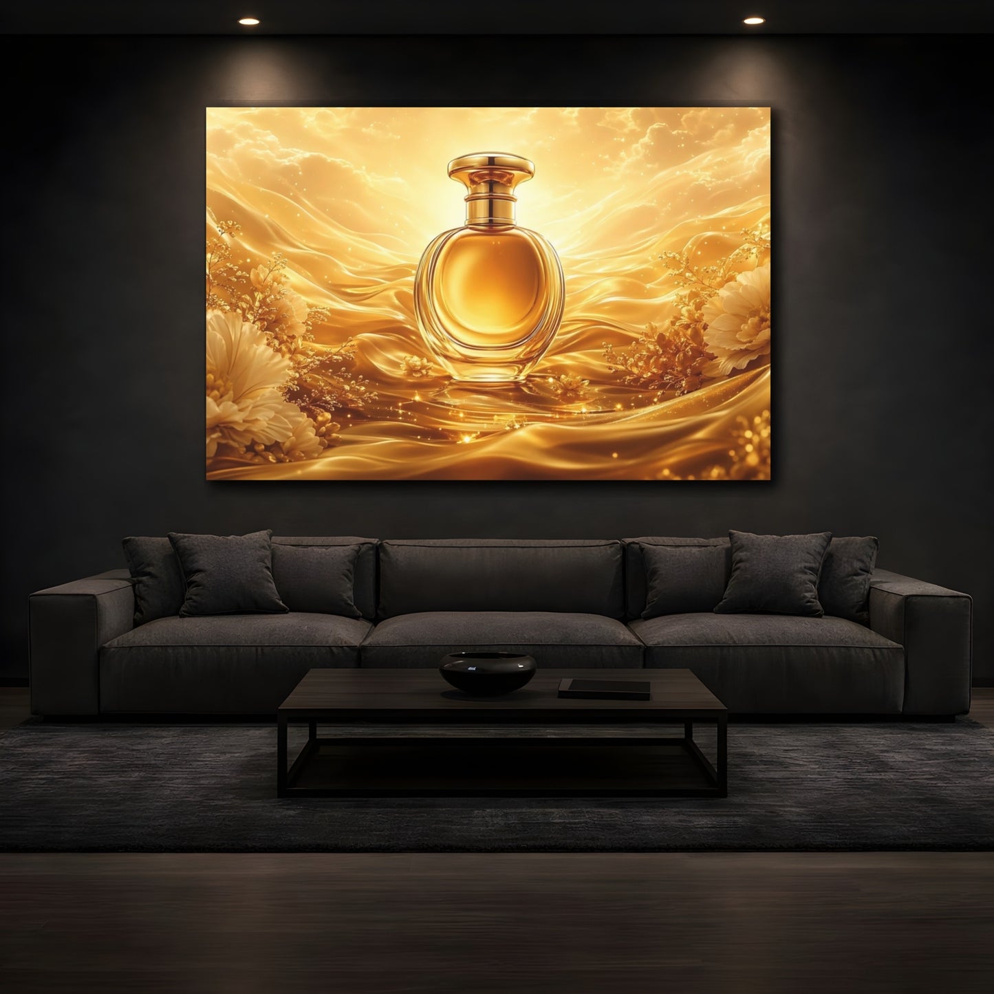 Mockup 3. Abstract Perfume Bottle Gold And White shown as stretched canvas wall art