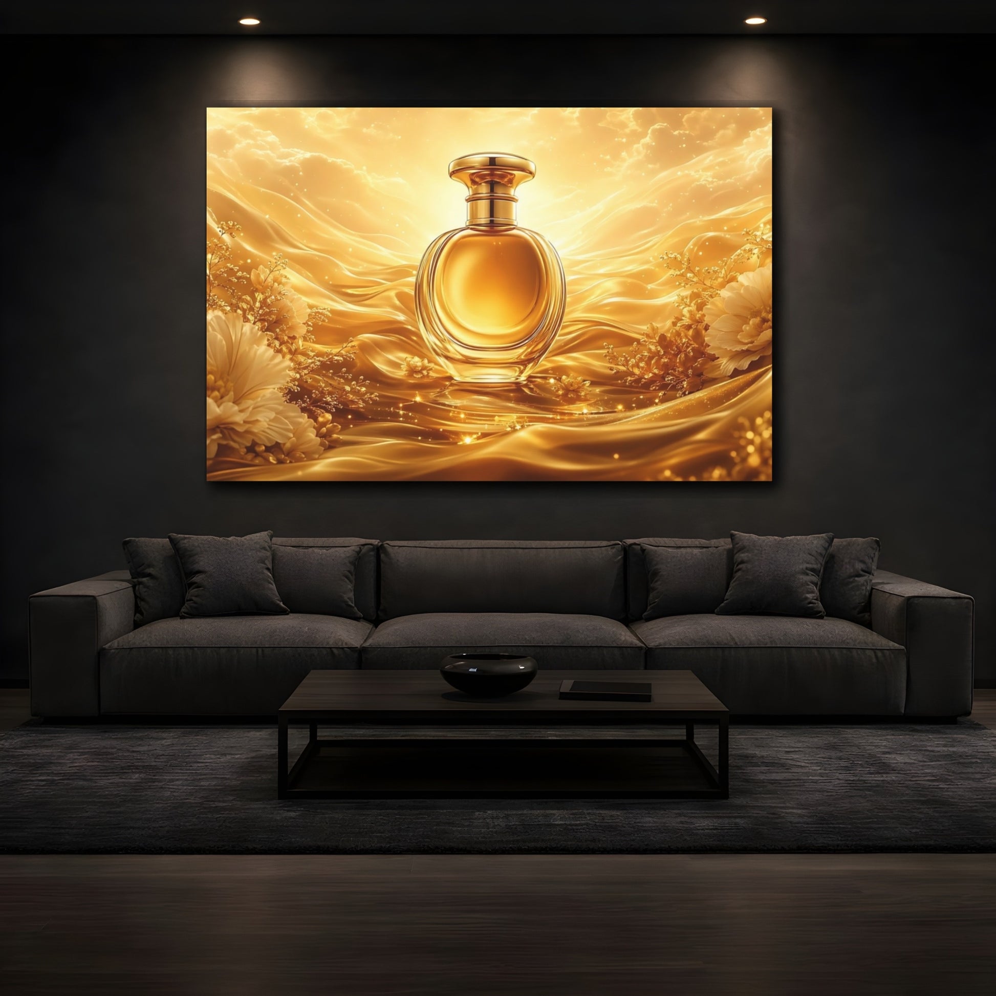 Mockup 3. Abstract Perfume Bottle Gold And White shown as stretched canvas wall art