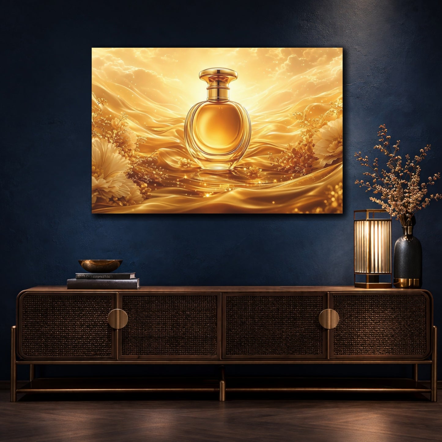 Mockup 4. Abstract Perfume Bottle Gold And White shown as stretched canvas wall art