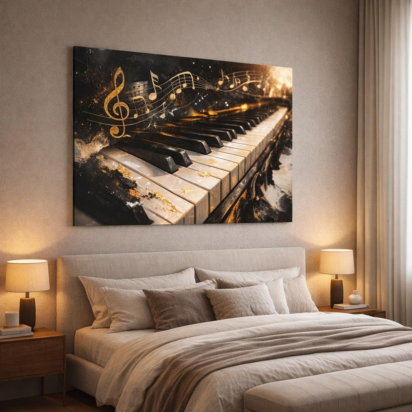 Abstract Piano Black And Gold Music shown as canvas wall art in a luxury bedroom