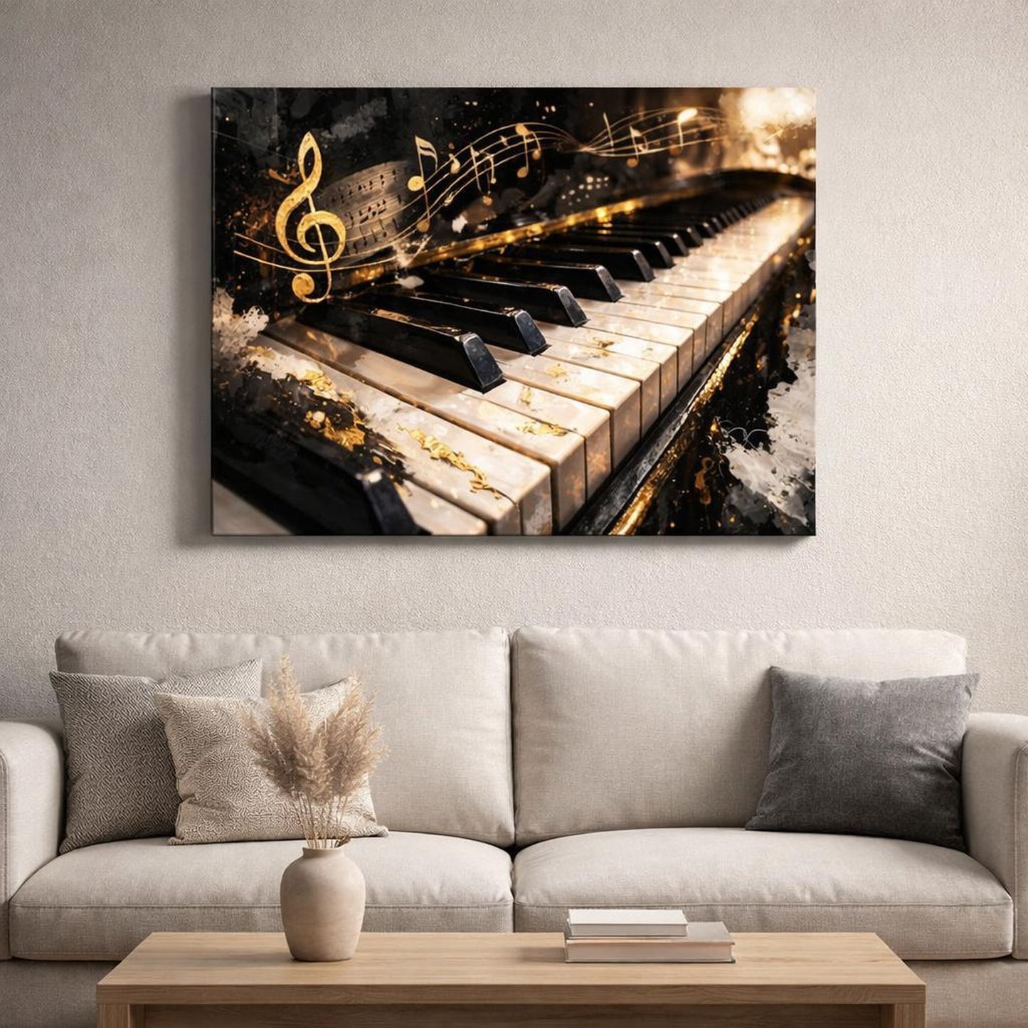 Abstract Piano Black And Gold Music shown as canvas wall art in a luxury executive office