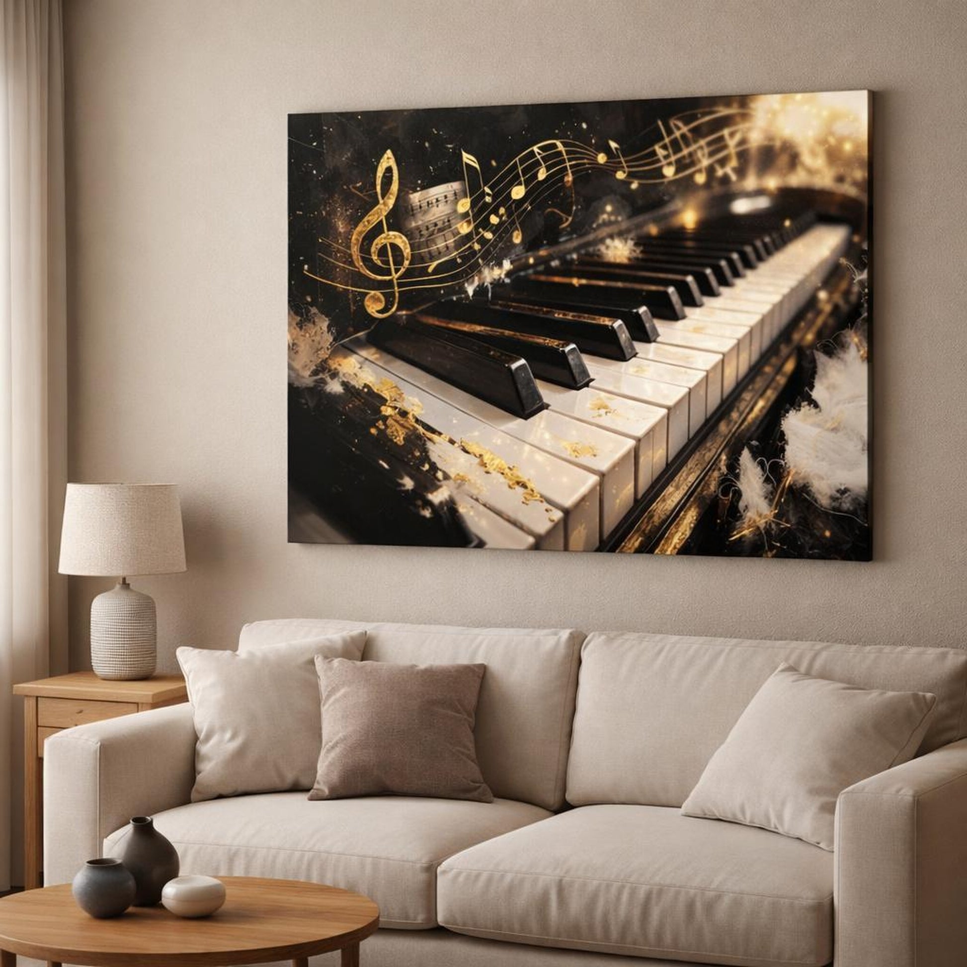 Abstract Piano Black And Gold Music shown as canvas wall art in a modern living room
