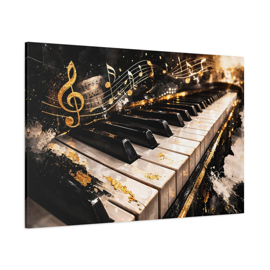 Abstract Piano Black And Gold Music shown as stretched canvas wall art