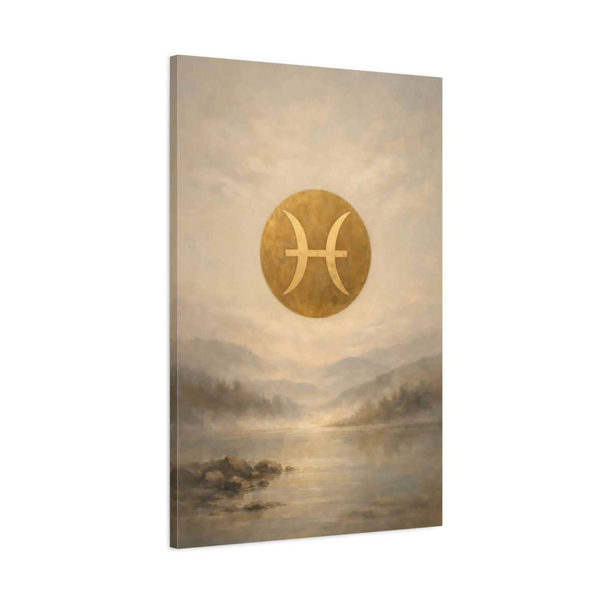 Side Mockup 1. Abstract Pisces Symbol Gold Pisces shown as stretched canvas wall art