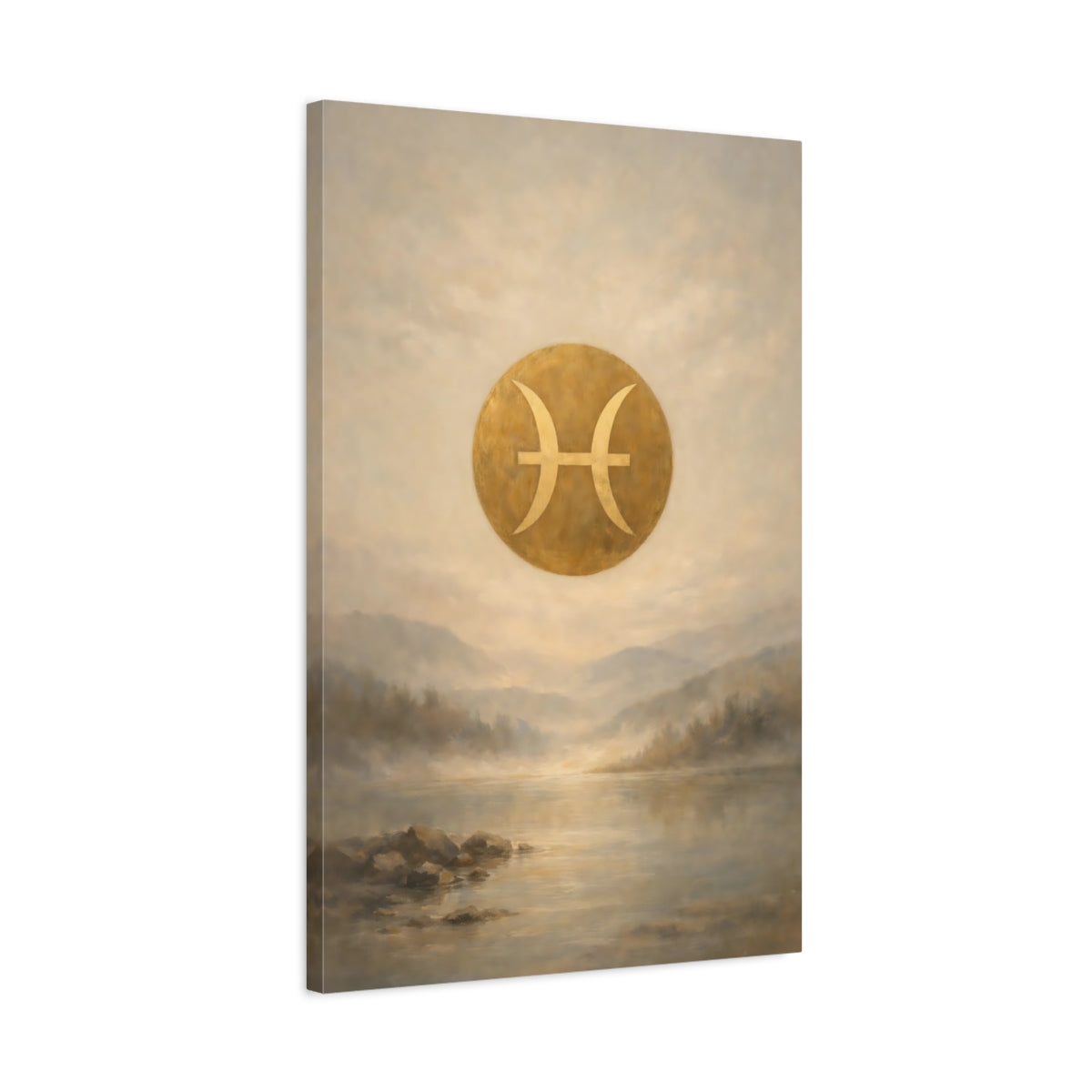 Side Mockup 2. Abstract Pisces Symbol Gold Pisces shown as stretched canvas wall art