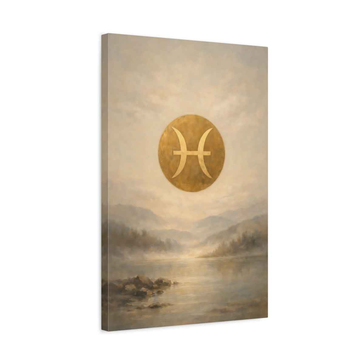 Side Mockup 3. Abstract Pisces Symbol Gold Pisces shown as stretched canvas wall art