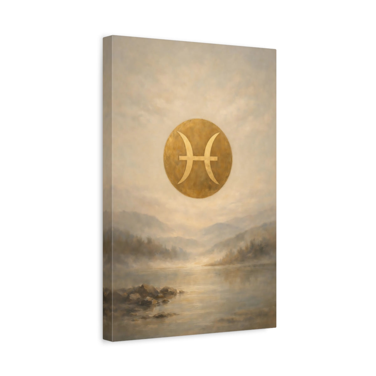 Side Mockup 4. Abstract Pisces Symbol Gold Pisces shown as stretched canvas wall art