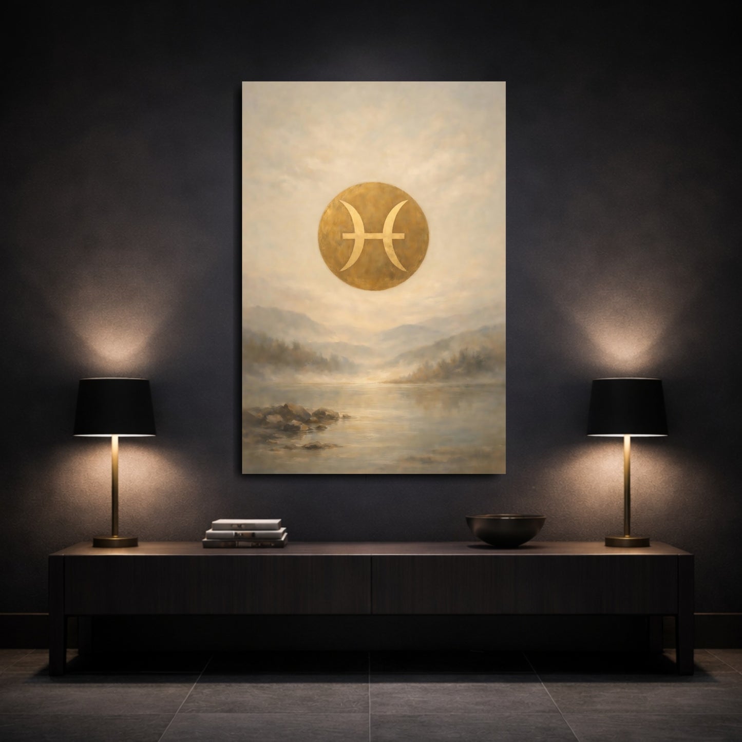 Mockup 2. Abstract Pisces Symbol Gold Pisces shown as stretched canvas wall art
