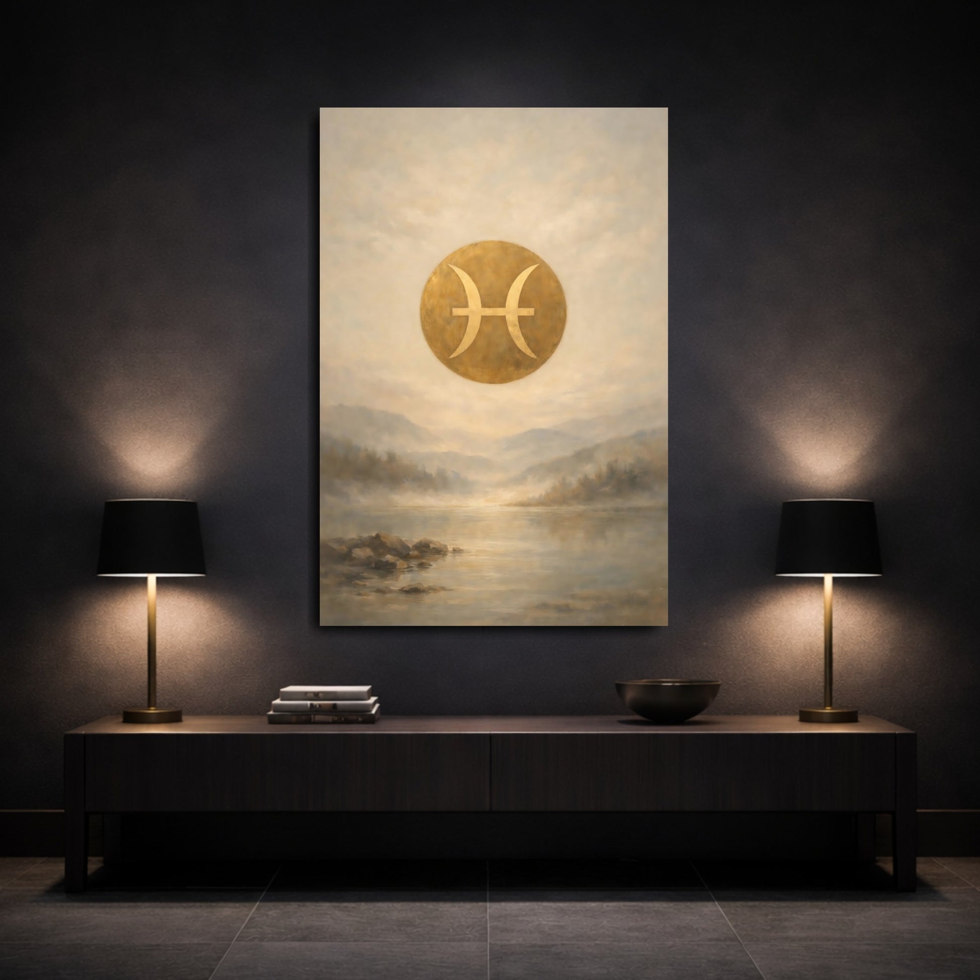 Mockup 2. Abstract Pisces Symbol Gold Pisces shown as stretched canvas wall art