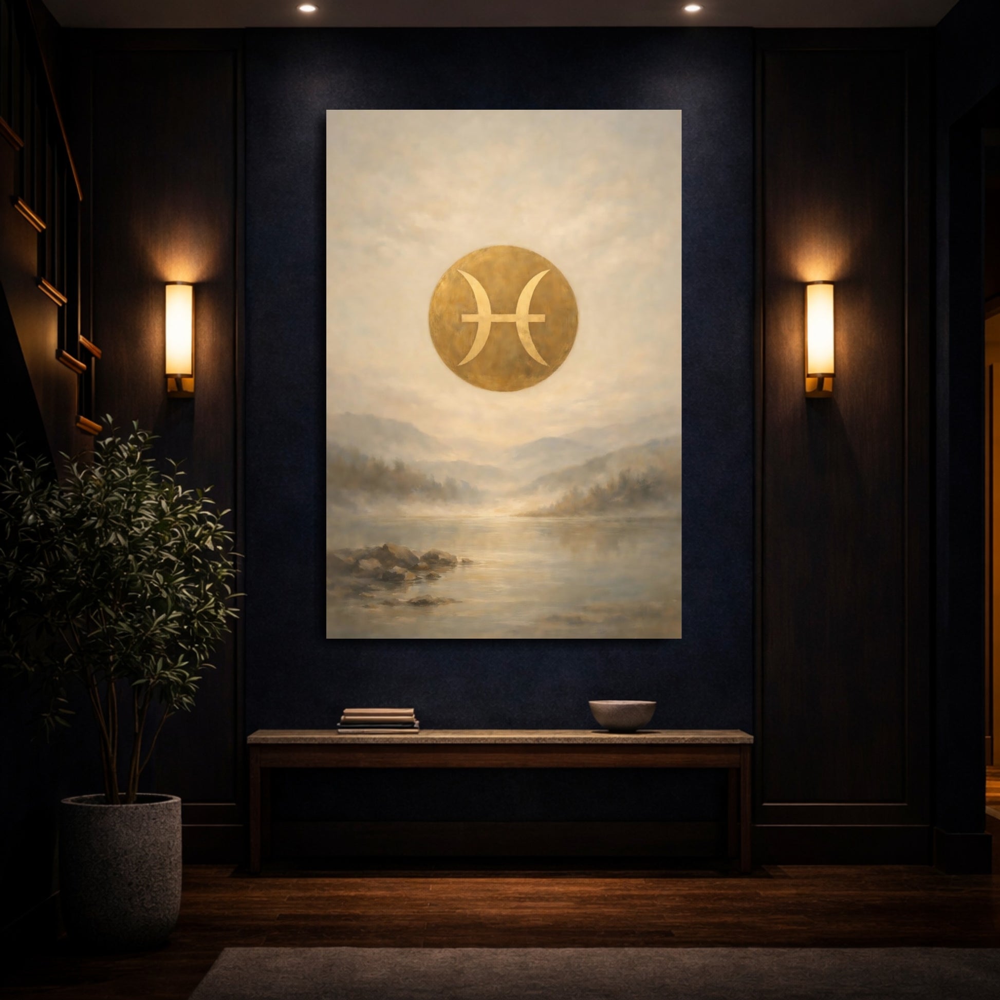 Mockup 3. Abstract Pisces Symbol Gold Pisces shown as stretched canvas wall art