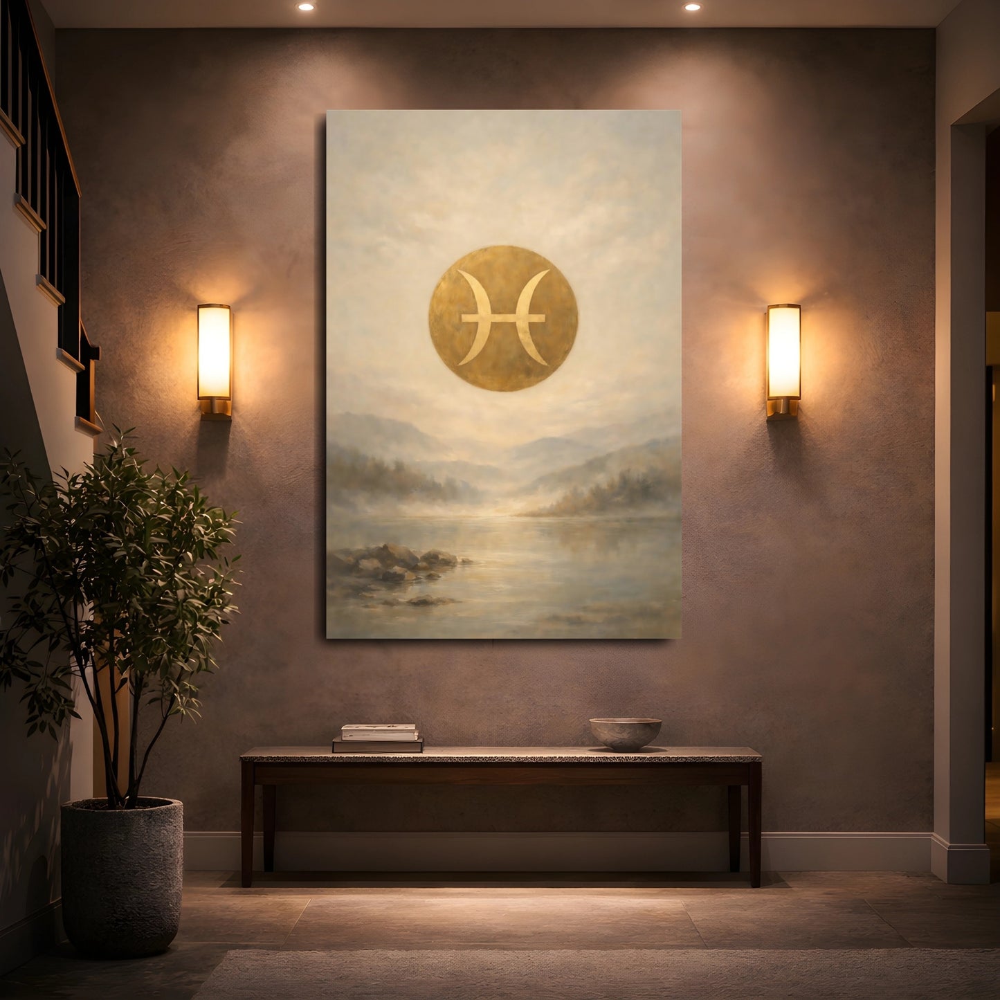 Mockup 4. Abstract Pisces Symbol Gold Pisces shown as stretched canvas wall art