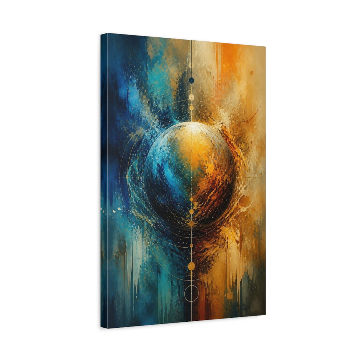 Side Mockup 3. Abstract Abstract Planet Blue And Gold shown as stretched canvas wall art