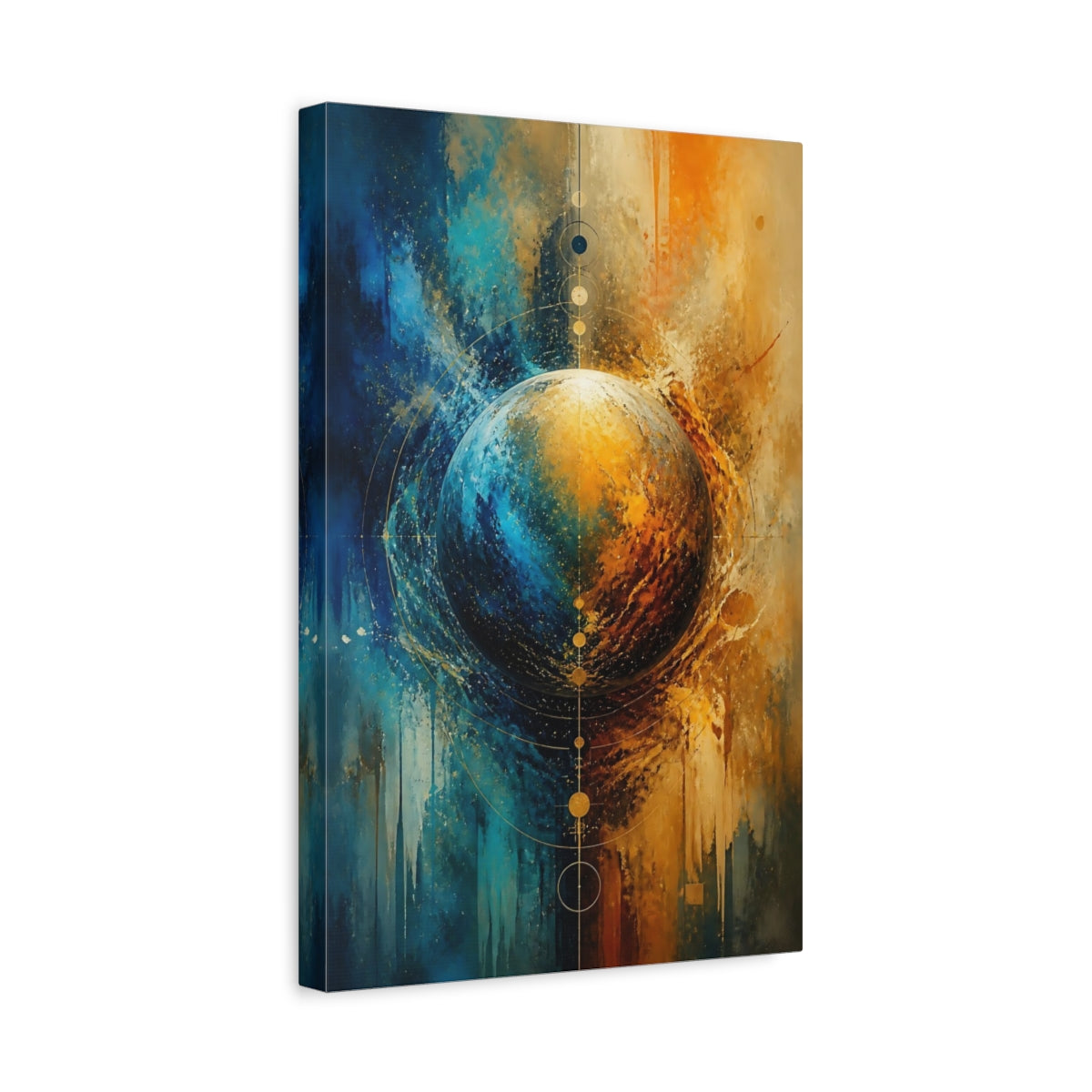 Side Mockup 4. Abstract Abstract Planet Blue And Gold shown as stretched canvas wall art