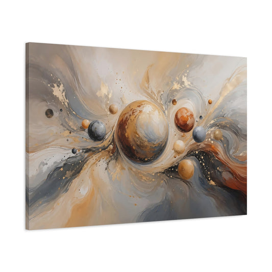 Main Mockup. Abstract Planetary Orbs Gold Gray Abstract shown as stretched canvas wall art