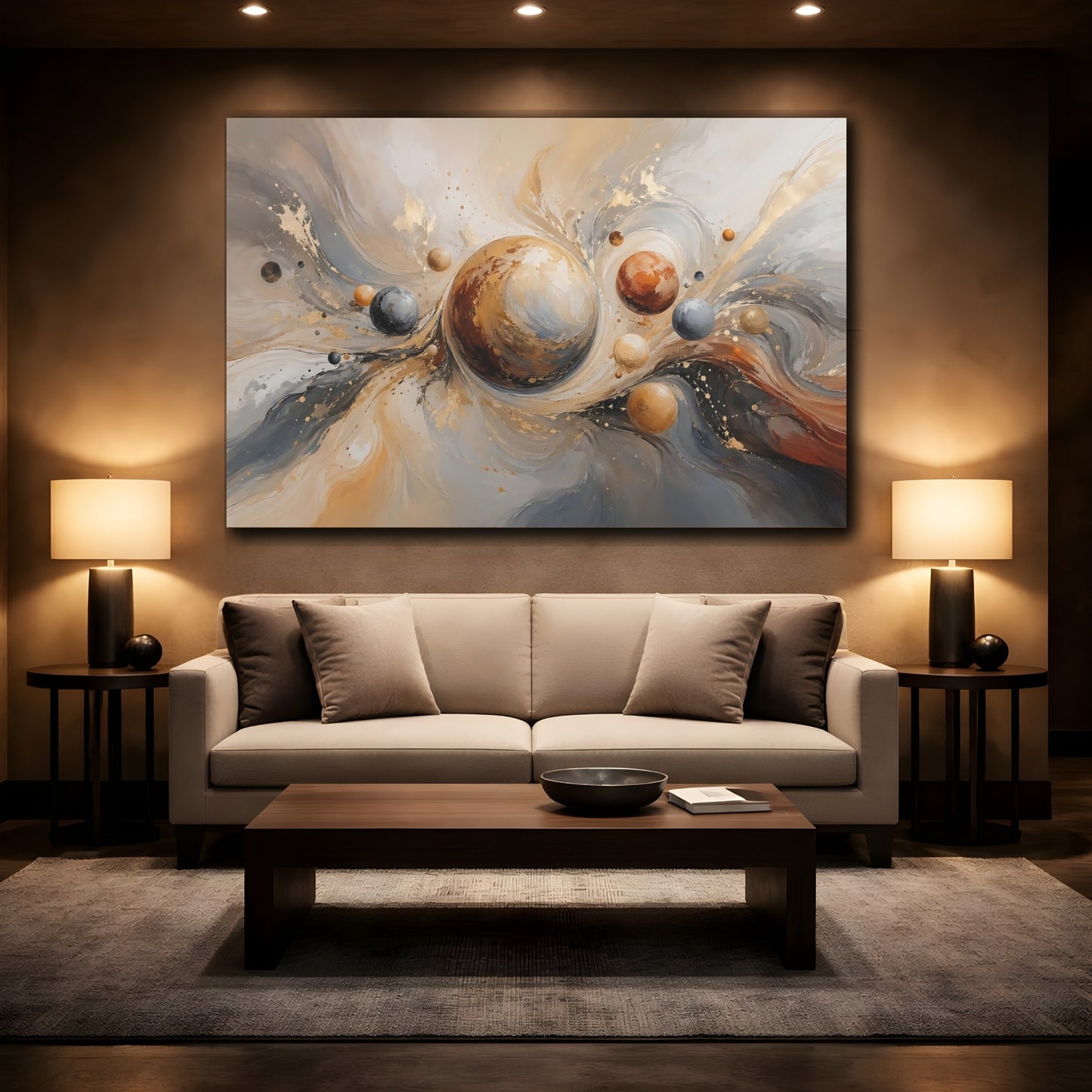 Mockup 2. Abstract Planetary Orbs Gold Gray Abstract shown as stretched canvas wall art