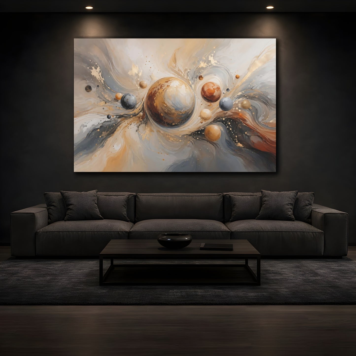 Mockup 3. Abstract Planetary Orbs Gold Gray Abstract shown as stretched canvas wall art
