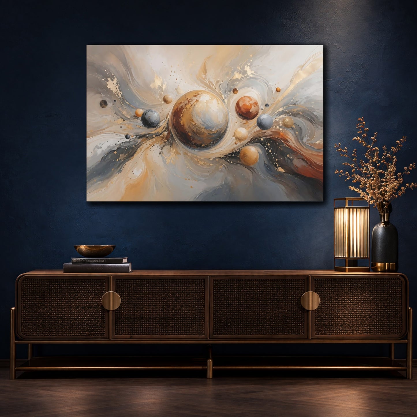 Mockup 4. Abstract Planetary Orbs Gold Gray Abstract shown as stretched canvas wall art