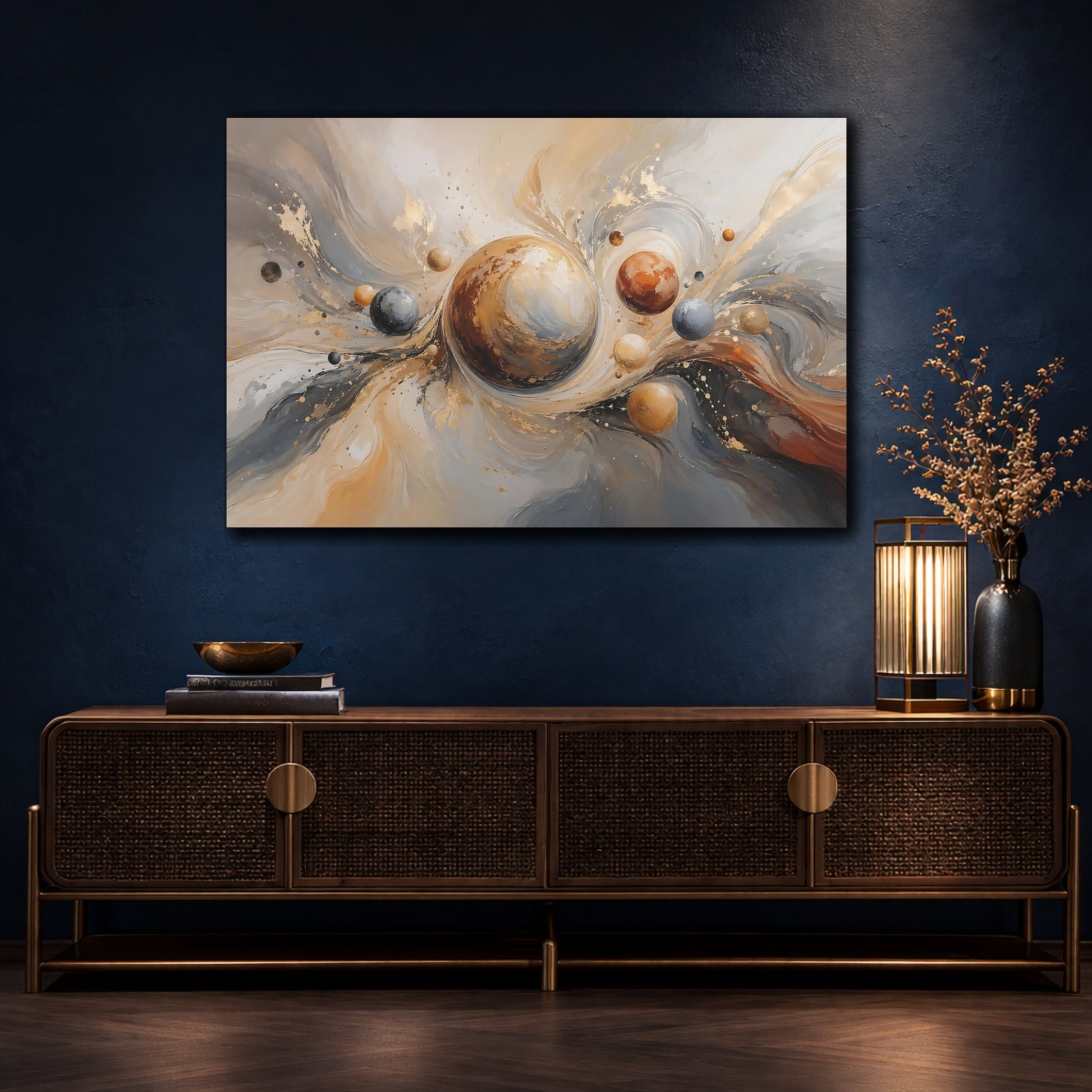 Mockup 4. Abstract Planetary Orbs Gold Gray Abstract shown as stretched canvas wall art