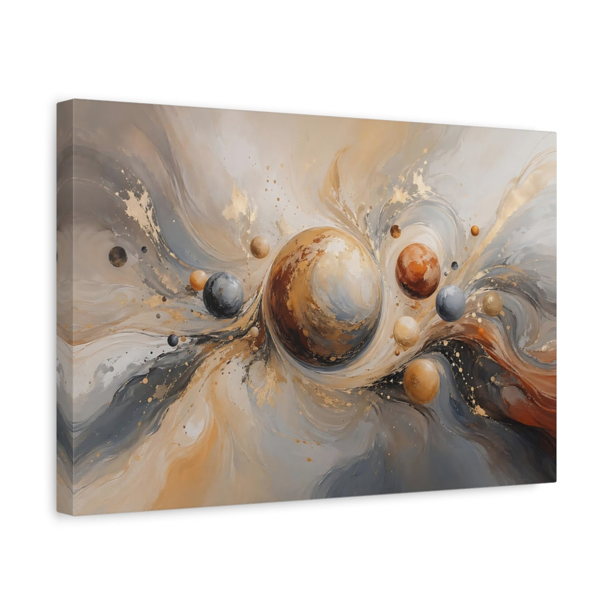 Side Mockup 4. Abstract Planetary Orbs Gold Gray Abstract shown as stretched canvas wall art