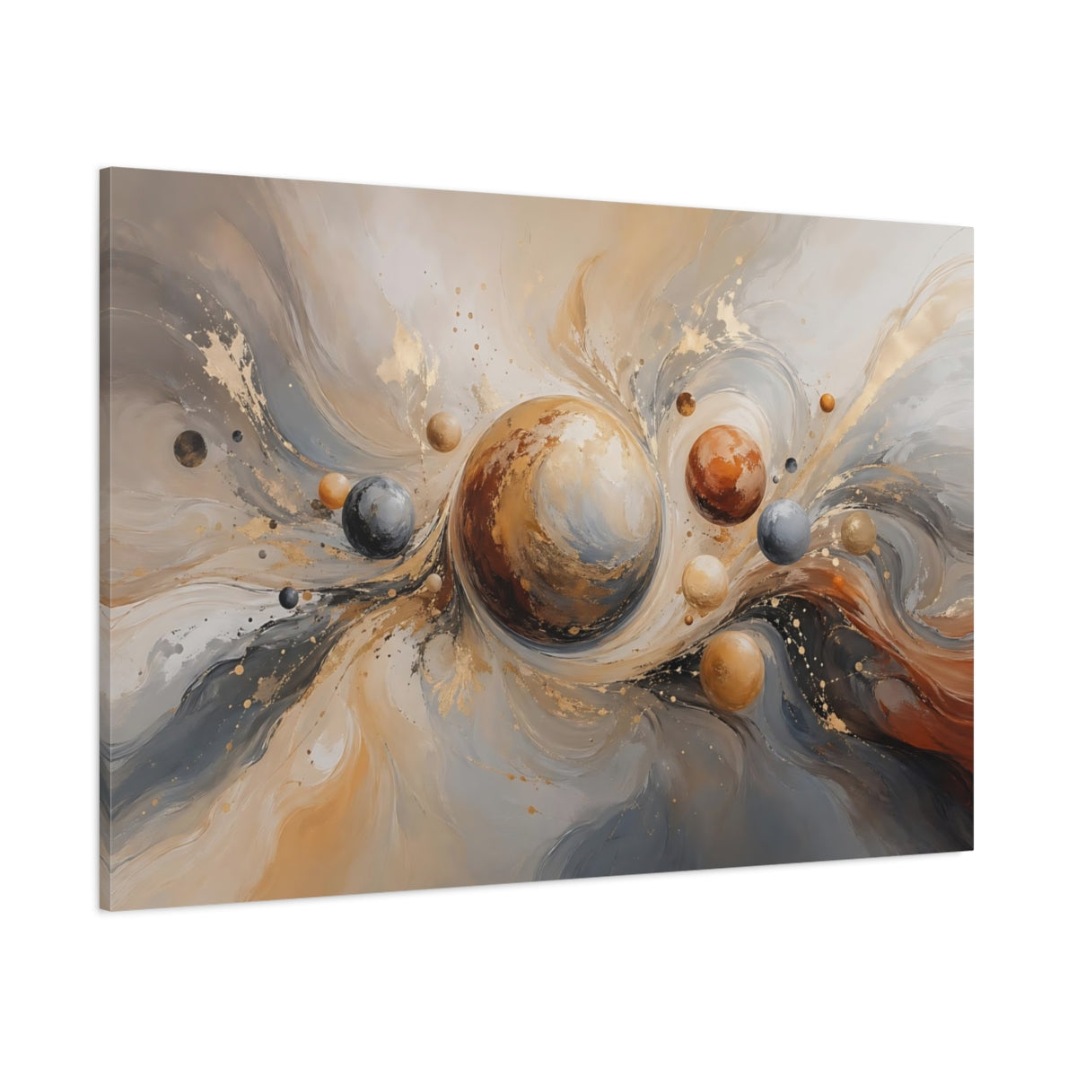 Side Mockup 1. Abstract Planetary Orbs Gold Gray Abstract shown as stretched canvas wall art