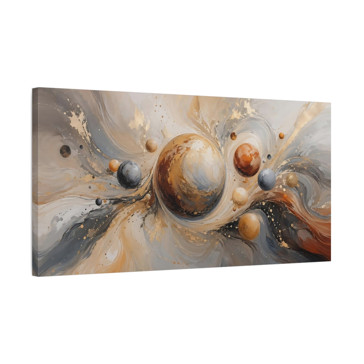 Side Mockup 1. Abstract Planets Gold And Gray shown as stretched canvas wall art