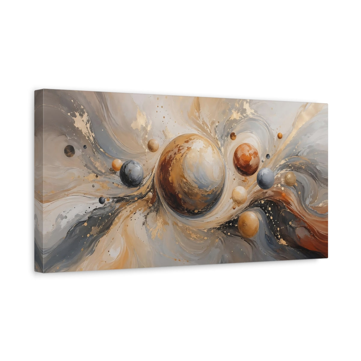 Side Mockup 3. Abstract Planets Gold And Gray shown as stretched canvas wall art