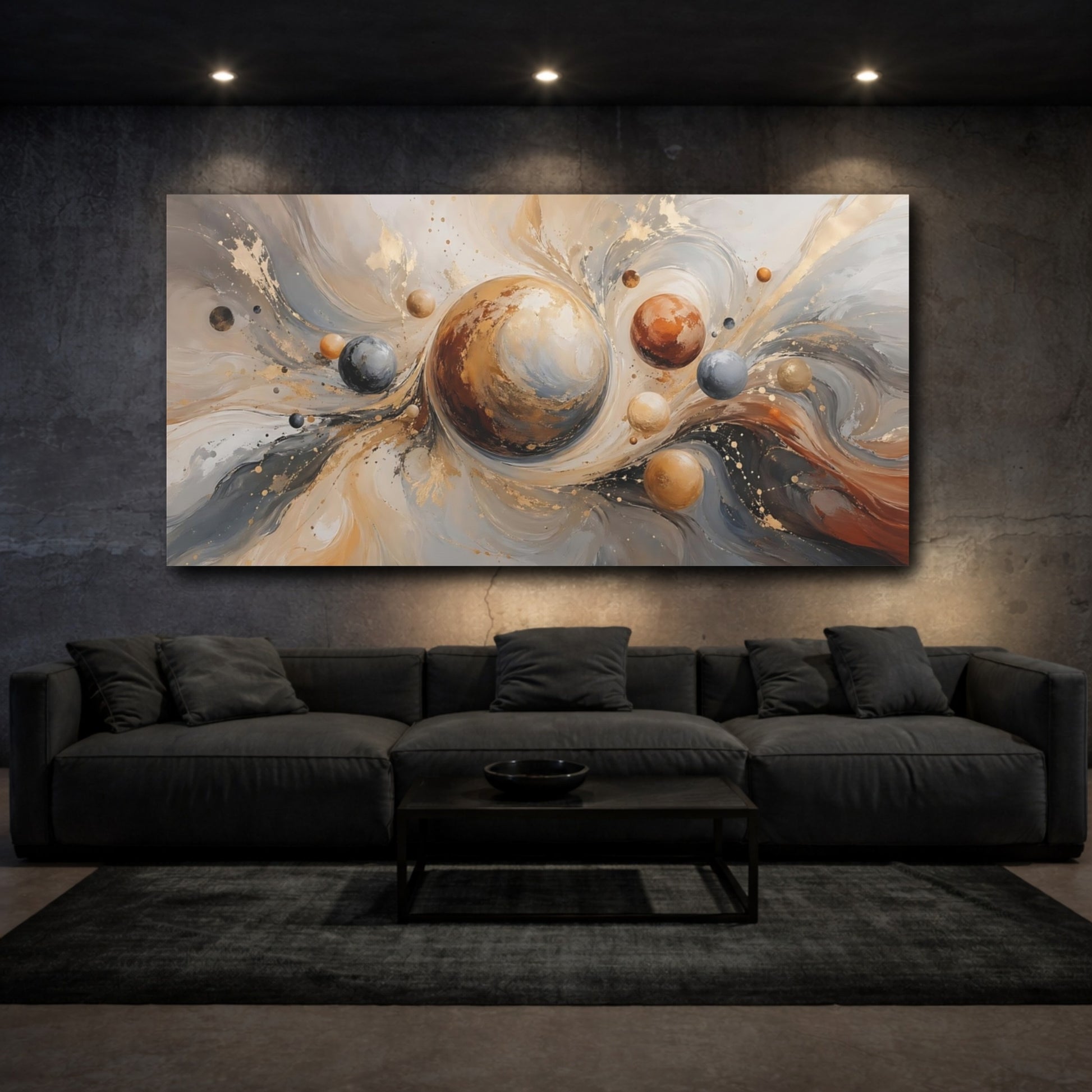 Mockup 2. Abstract Planets Gold And Gray shown as stretched canvas wall art
