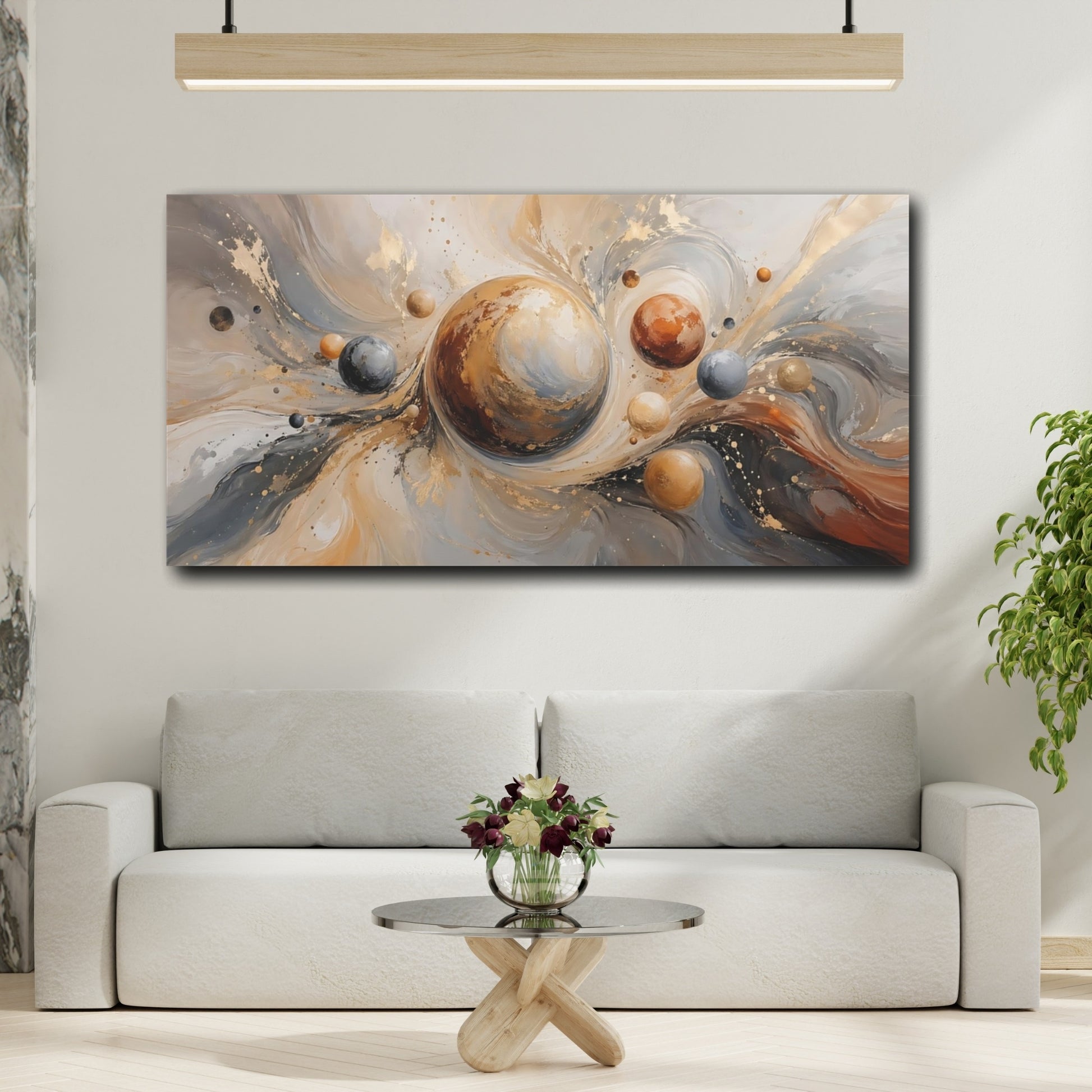 Mockup 3. Abstract Planets Gold And Gray shown as stretched canvas wall art