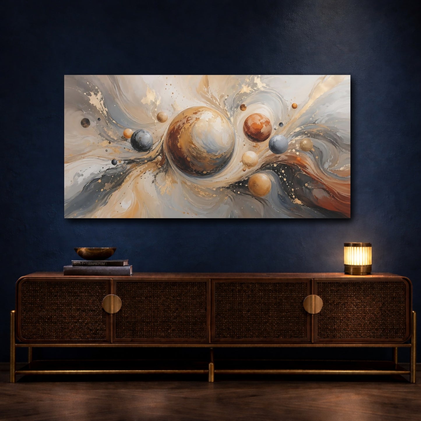 Mockup 4. Abstract Planets Gold And Gray shown as stretched canvas wall art
