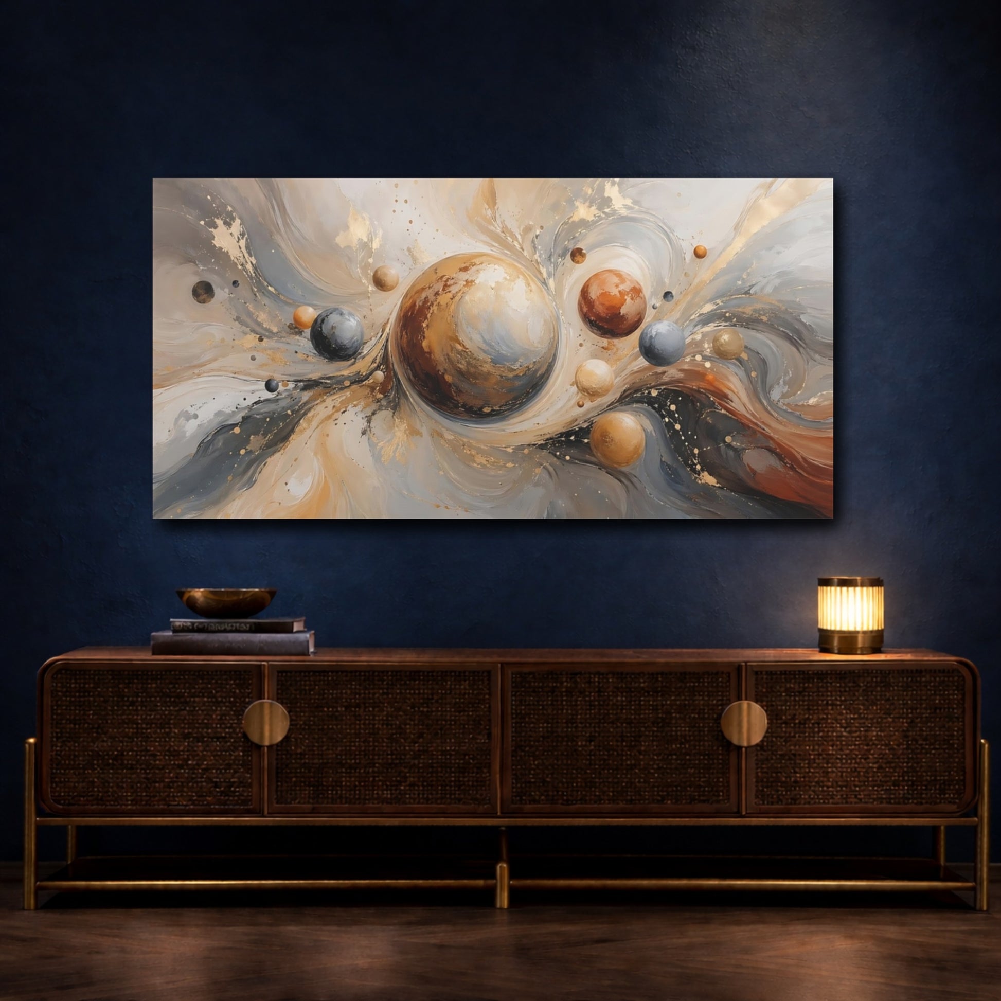 Mockup 4. Abstract Planets Gold And Gray shown as stretched canvas wall art