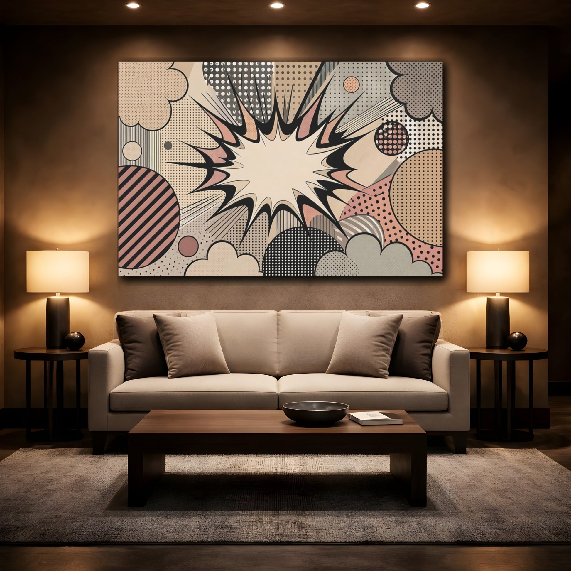 Mockup 2. Abstract Pop Art Explosion Pop Art Comic shown as stretched canvas wall art