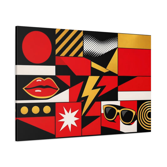 Main Mockup. Abstract Pop Art Icons Red Black Gold shown as stretched canvas wall art